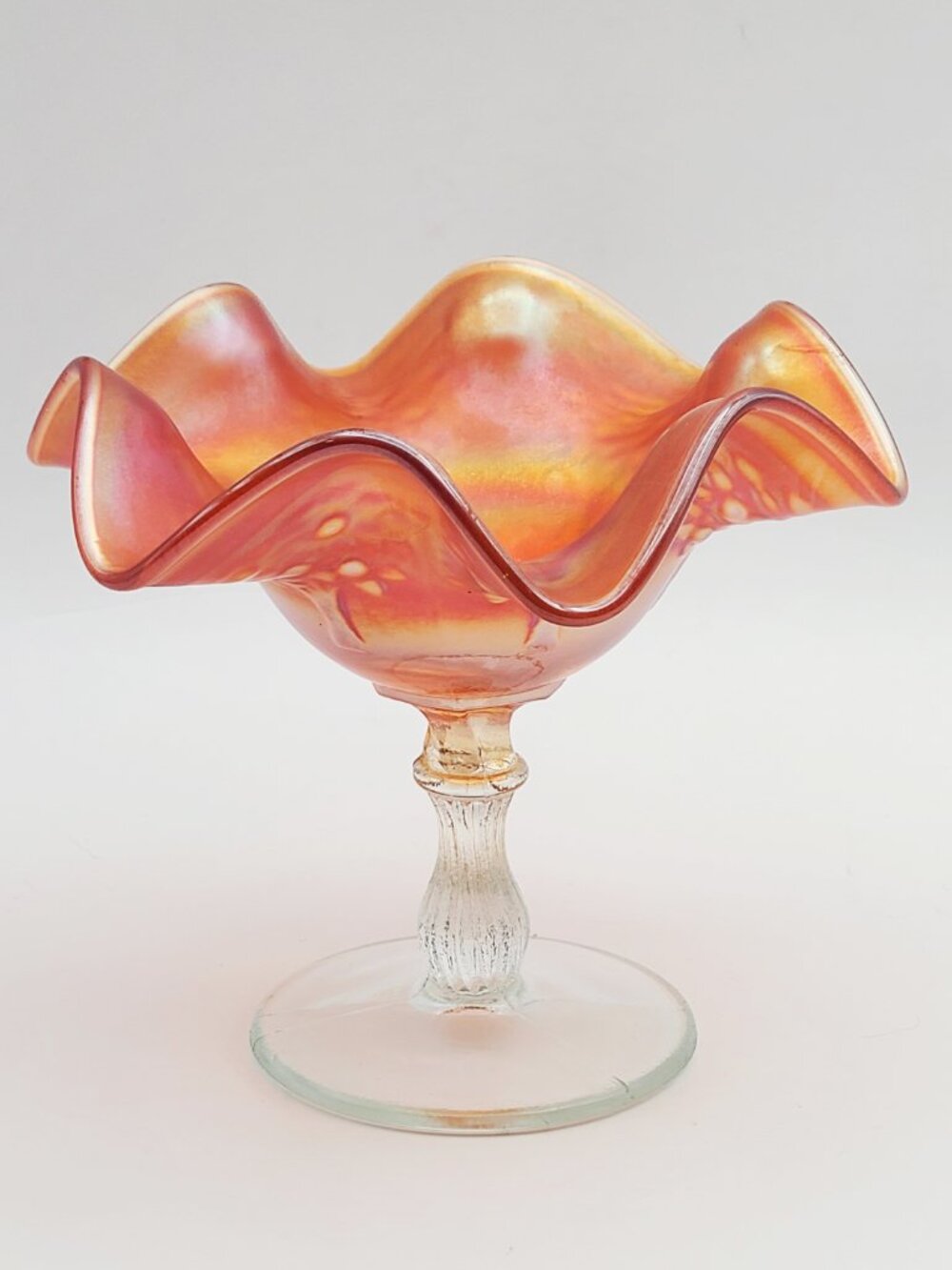 Fenton Marigold Carnival Glass Orange Tree Ruffled Sherbet Compote - Picture 2 of 11